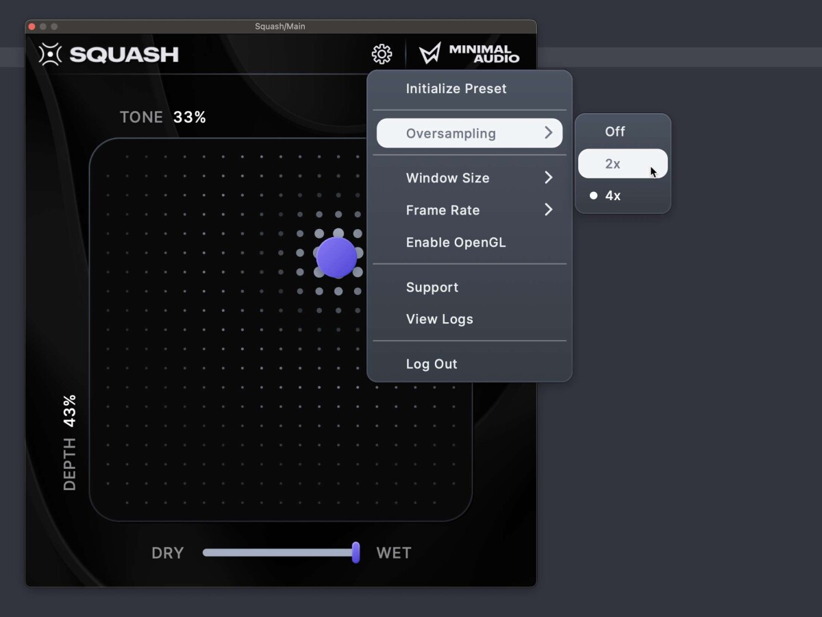 Squash plugin UI with X/Y grid, puck, depth on y axis, tone on x axis, and dry/wet control. Menu open, showing framerate / window size/ OpenGL options and oversampling off / 2x / 4x.