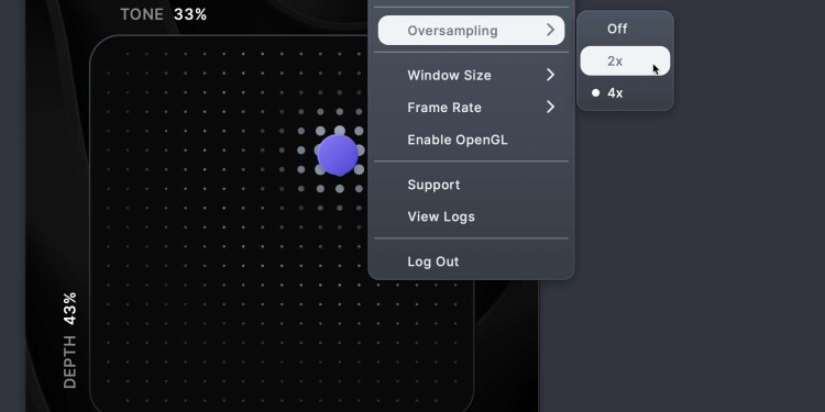 Squash plugin UI with X/Y grid, puck, depth on y axis, tone on x axis, and dry/wet control. Menu open, showing framerate / window size/ OpenGL options and oversampling off / 2x / 4x.