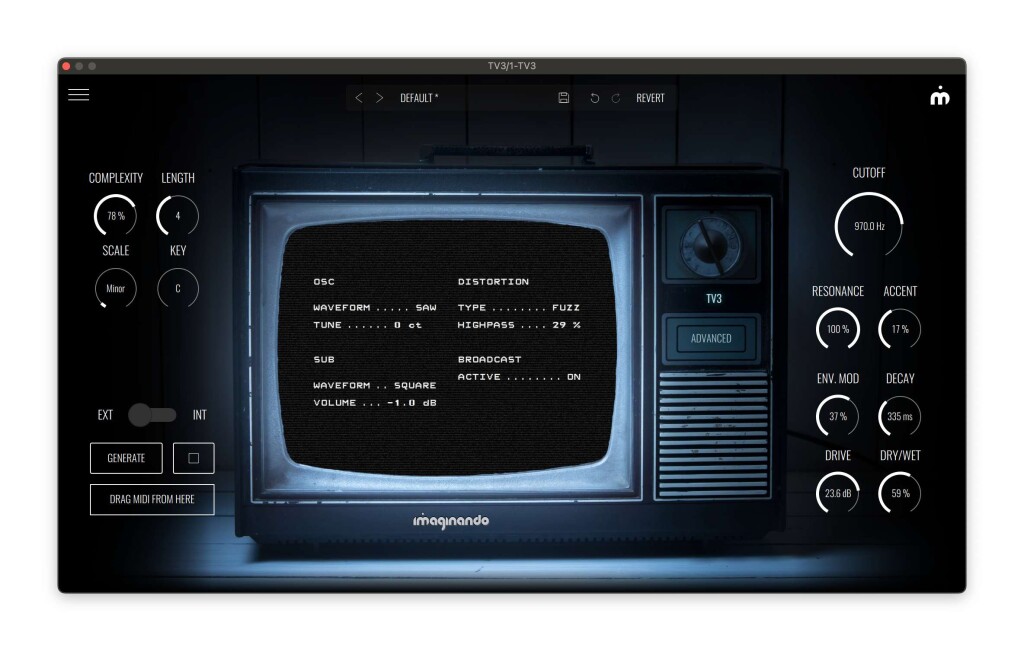 Advanced screen for the TV-3, showing oscillator waveform and tune, distortion type and highpass filter, sub waveform and level, and broadcast animation option.