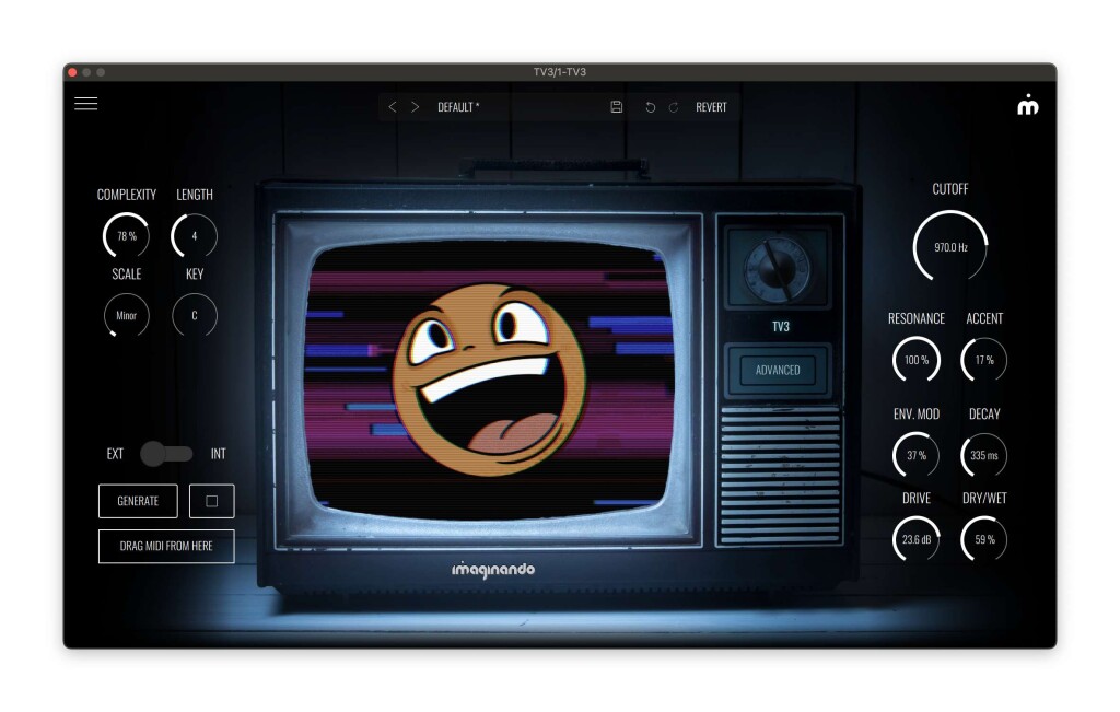 Main TV3 screen, showing a faux television with an animated smiley face and abstract background, complexity, length, scale, and key controls for the bassline generation, generate and MIDI dragging buttons, ext/int sync, cutoff, resonance, accent, env. mod, decay, drive, and dry/wet.