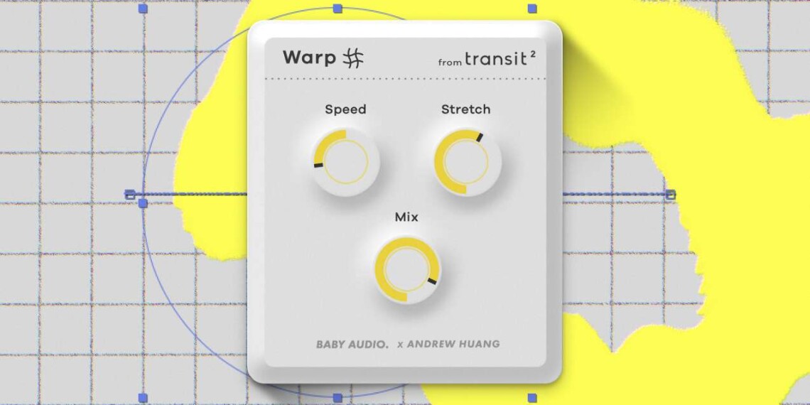 Warp plug-in image on a gray grid background with yellow paint splashes. Showing three knobs: Speed, Stretch, and Mix.