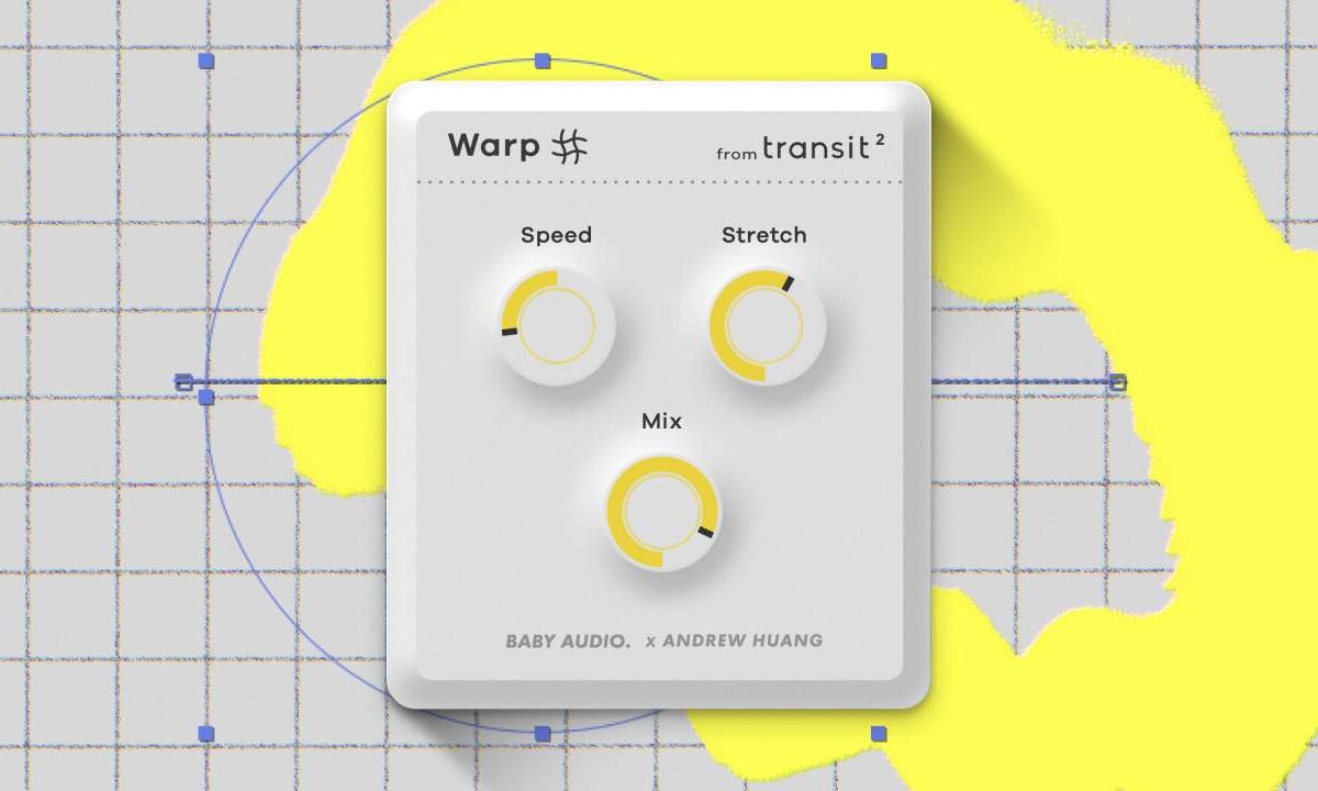 Warp plug-in image on a gray grid background with yellow paint splashes. Showing three knobs: Speed, Stretch, and Mix.