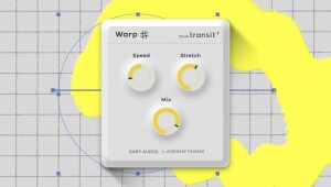 Warp plug-in image on a gray grid background with yellow paint splashes. Showing three knobs: Speed, Stretch, and Mix.