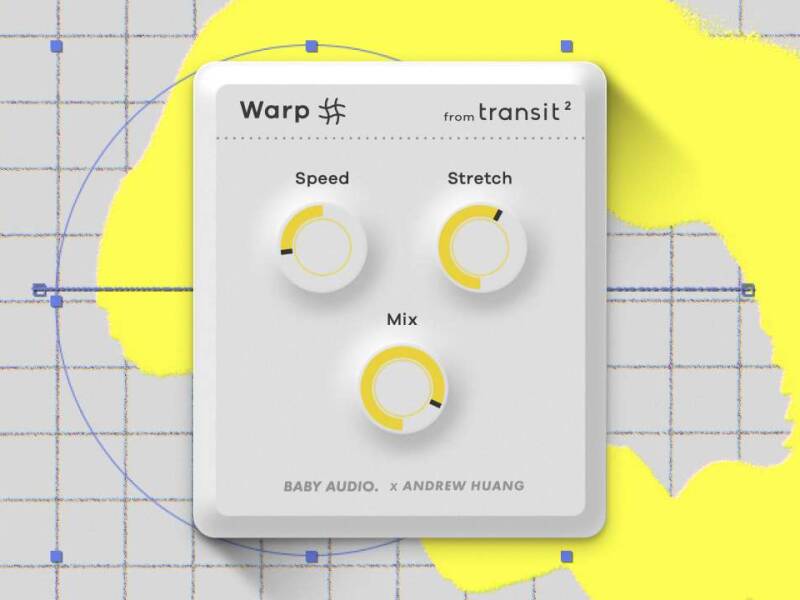 Warp plug-in image on a gray grid background with yellow paint splashes. Showing three knobs: Speed, Stretch, and Mix.