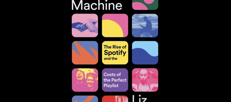 Mood Machine: The rise of spotify and the cost of the perfect playlist - book cover by Liz Pelly showing Spotify-style thumbnails on a black background.