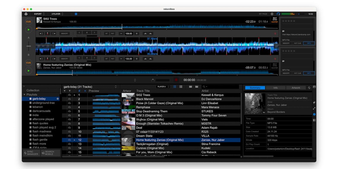 Rekordbox UI showing a bunch of the author's playlists, and playing tracks by Nour Jaber feat. Zanias and Kessell & Kerqus on Detroit Underground.