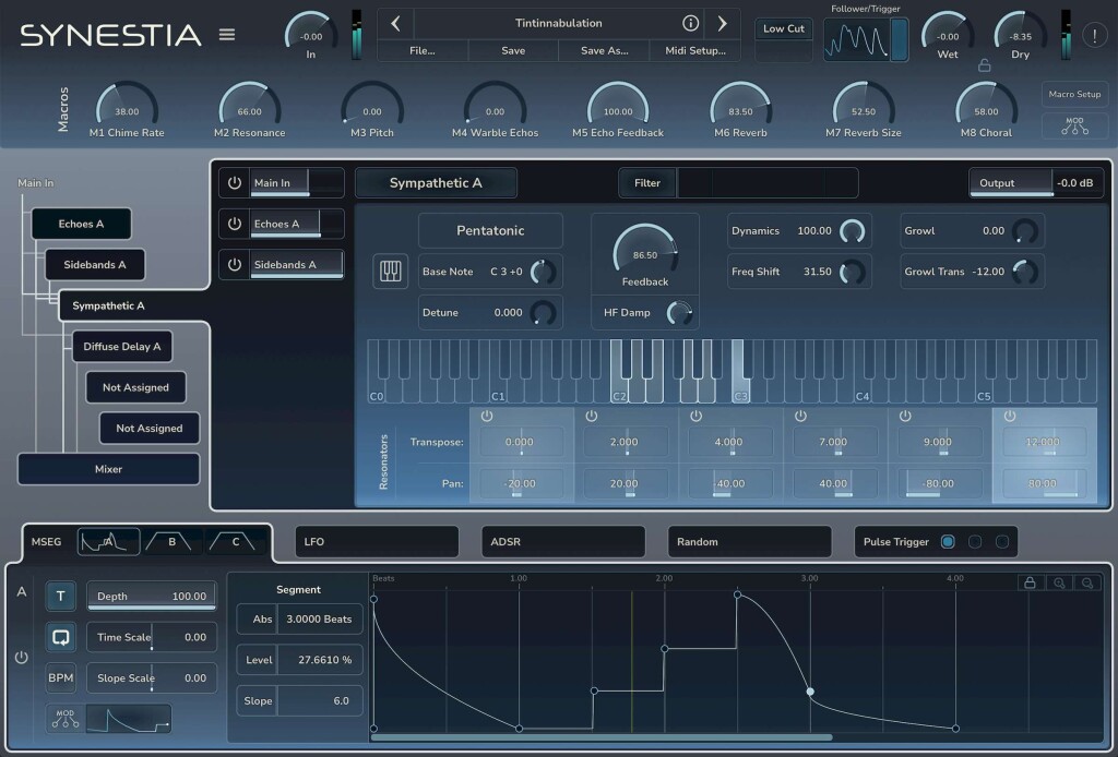 Sympathetic module in Synestia, showing a keyboard and resonator mapping, plus multi-segment envelope and modulation at bottom.