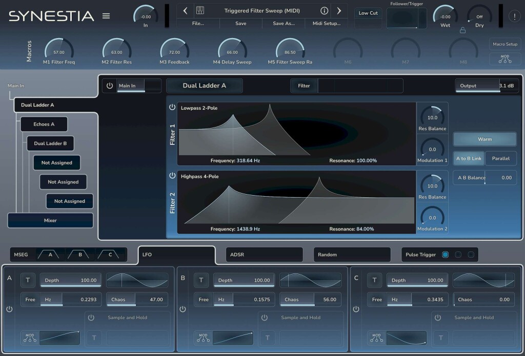 Dual Ladder multi-filter, showing assignments and layers / mixing, LFO controls.