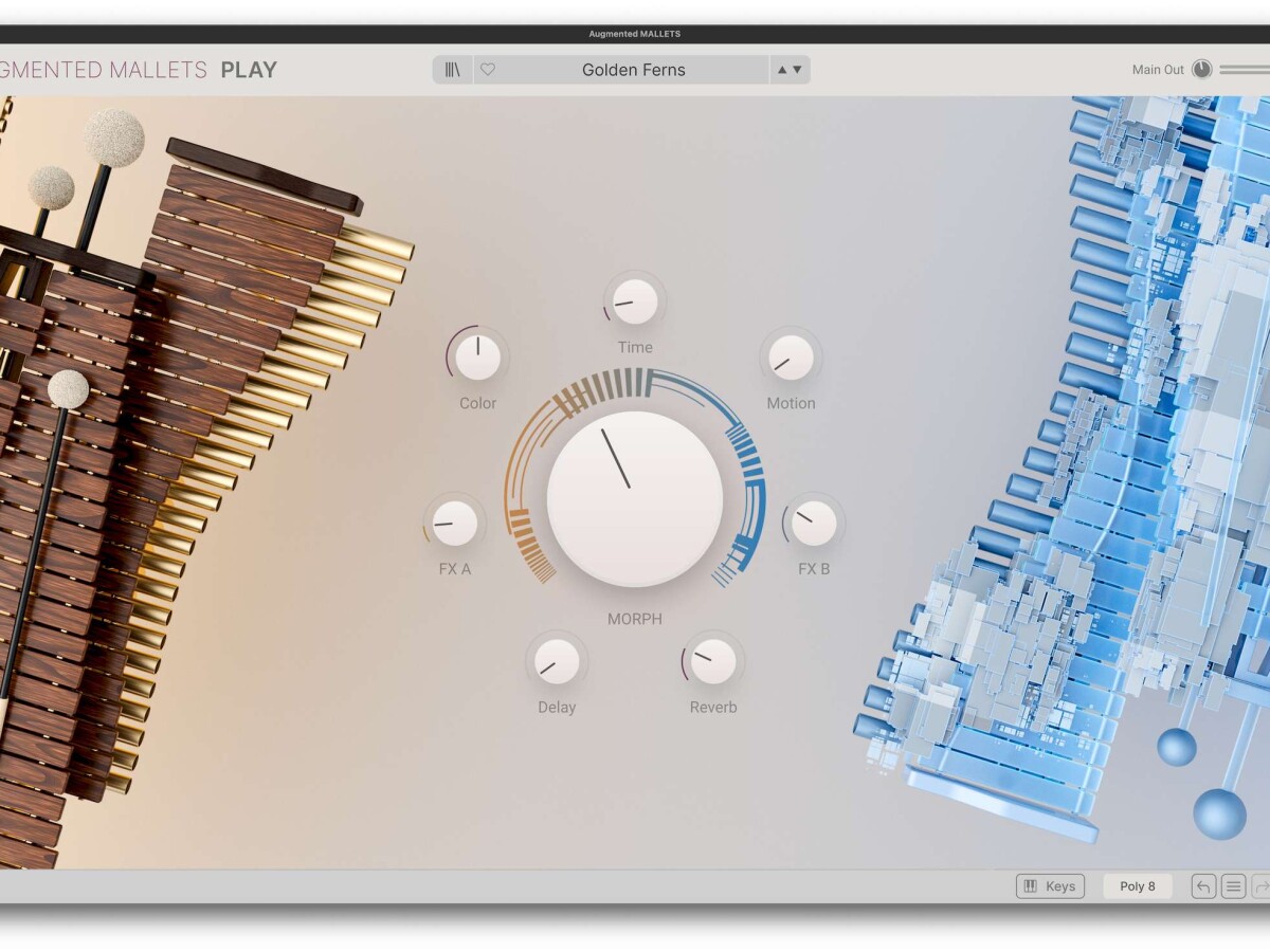 Augmented Mallets Play, showing graphics of mallet instruments (one real, one synthetic), and parameter knobs arrayed around a central morph knob.