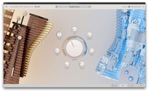 Augmented Mallets Play, showing graphics of mallet instruments (one real, one synthetic), and parameter knobs arrayed around a central morph knob.