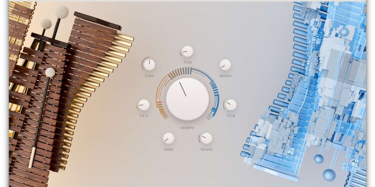 Augmented Mallets Play, showing graphics of mallet instruments (one real, one synthetic), and parameter knobs arrayed around a central morph knob.