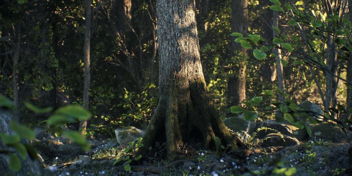 Idyllic forest scene with a large tree in the background dappled in light, as rendered in Unreal Engine using Quixel assets.