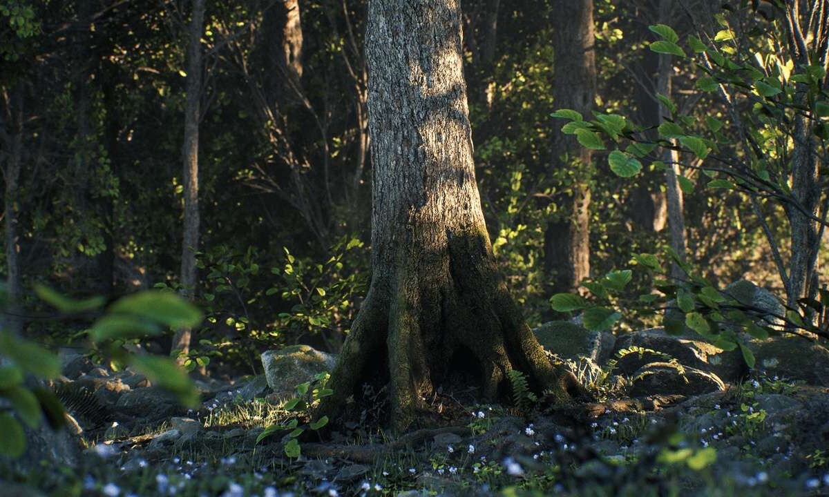 Idyllic forest scene with a large tree in the background dappled in light, as rendered in Unreal Engine using Quixel assets.