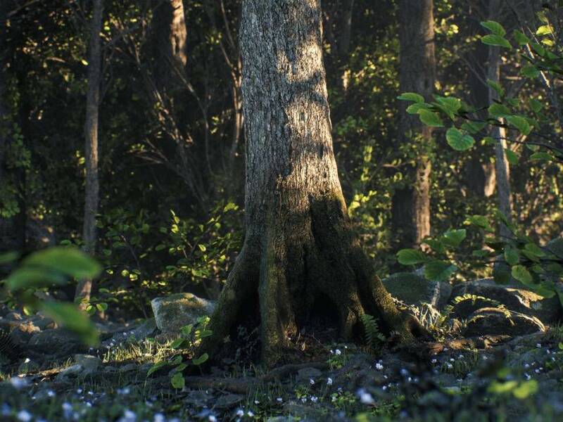 Idyllic forest scene with a large tree in the background dappled in light, as rendered in Unreal Engine using Quixel assets.