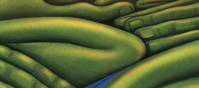 Cover - Land 01 by Tunefork Studios, showing an anthropomorphized valley and river and purple and orange sky dotted with clouds. artwork by Limb.00.