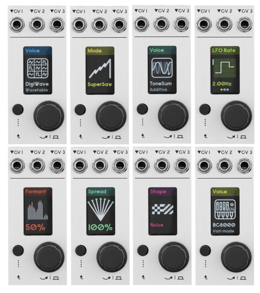 MCO mk2 module showing different modes on color display, with graphics - DigiWave, SuperSaw, ToneSum (Additive), LFO Rate, FOrmant, Spread, Shape (Noise), and Voice BC8000 (Vari-mode), panel with CV1, CV, CV3 inputs and push-button knob/navigation.