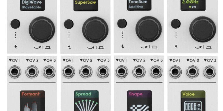 MCO mk2 module showing different modes on color display, with graphics - DigiWave, SuperSaw, ToneSum (Additive), LFO Rate, FOrmant, Spread, Shape (Noise), and Voice BC8000 (Vari-mode), panel with CV1, CV, CV3 inputs and push-button knob/navigation.