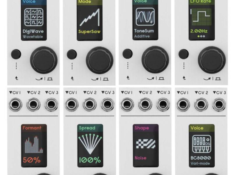 MCO mk2 module showing different modes on color display, with graphics - DigiWave, SuperSaw, ToneSum (Additive), LFO Rate, FOrmant, Spread, Shape (Noise), and Voice BC8000 (Vari-mode), panel with CV1, CV, CV3 inputs and push-button knob/navigation.