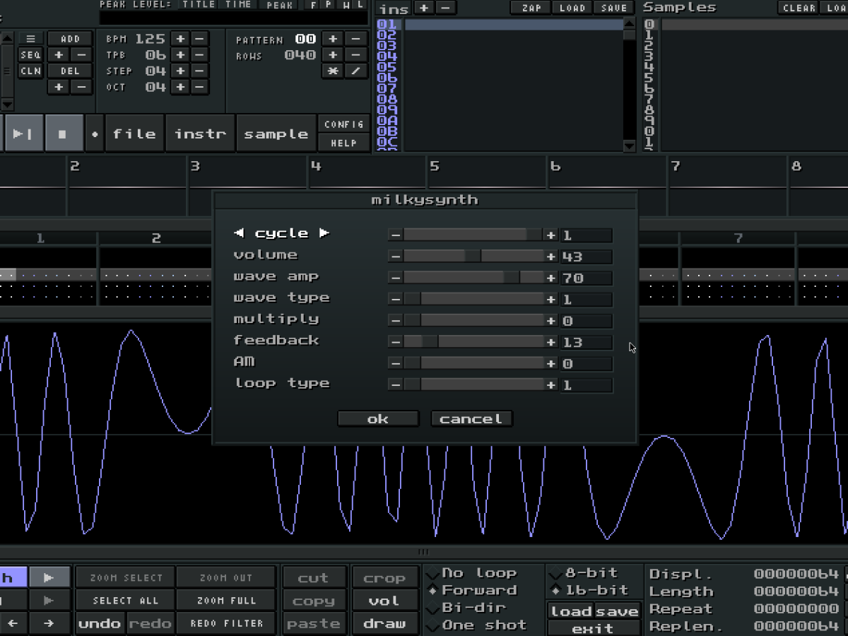 MiilkyTracker screenshot featuring new UI, CYCLE synth running.