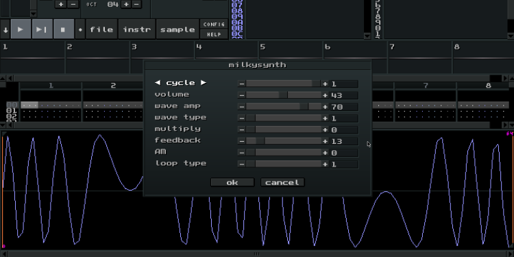 MiilkyTracker screenshot featuring new UI, CYCLE synth running.