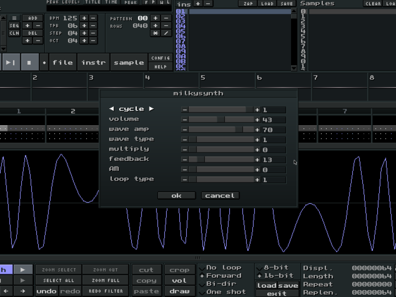 MiilkyTracker screenshot featuring new UI, CYCLE synth running.