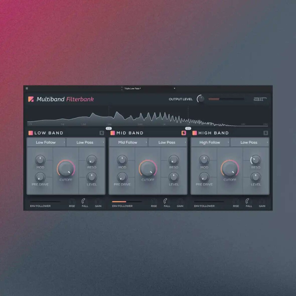 Multiband Filterbank user interface from AIR, showing low, mid, and high bands, envelope followers for each, cutoff, pre drive, env mod, resonance, and level, and overall envelope follower settings, plus spectrum.