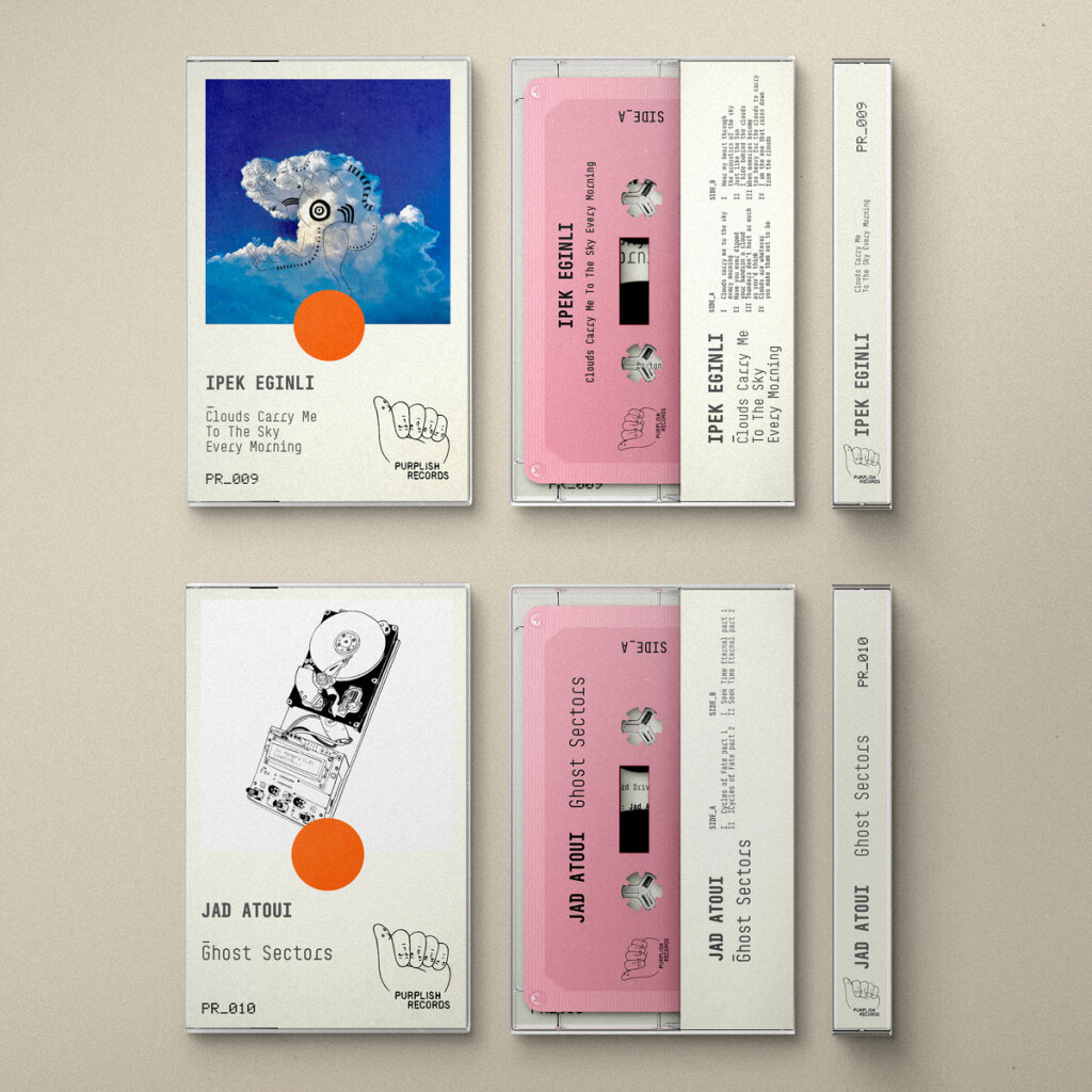 Purplish Records casssette tape releases for Ipek Eginli and Jad Atoui, showing artwork of drawn hard drive for Jad and cloud creature in the sky for Ipek.