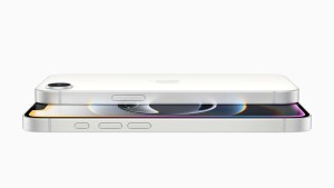 Two iPhones 16e shown on their side in white, floating in a white void. Image courtesy Apple.