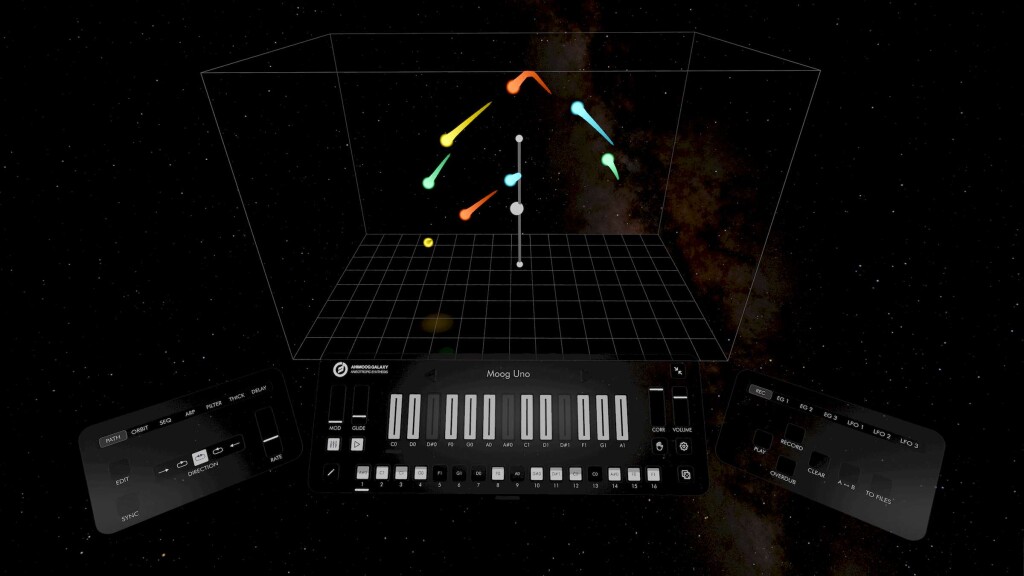 Moog Animoog Galaxy interface, showing colored comets flying through a 3D wireframe volume, gestural pitch controls and parameters controls on panels in the foreground, starfield in the background.