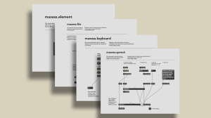 maxess screenshots overlaid on one another, showing help pages: maxess.element, maxess.file, maxess.keyboard, and maxess.speech running in Max with help commentary.