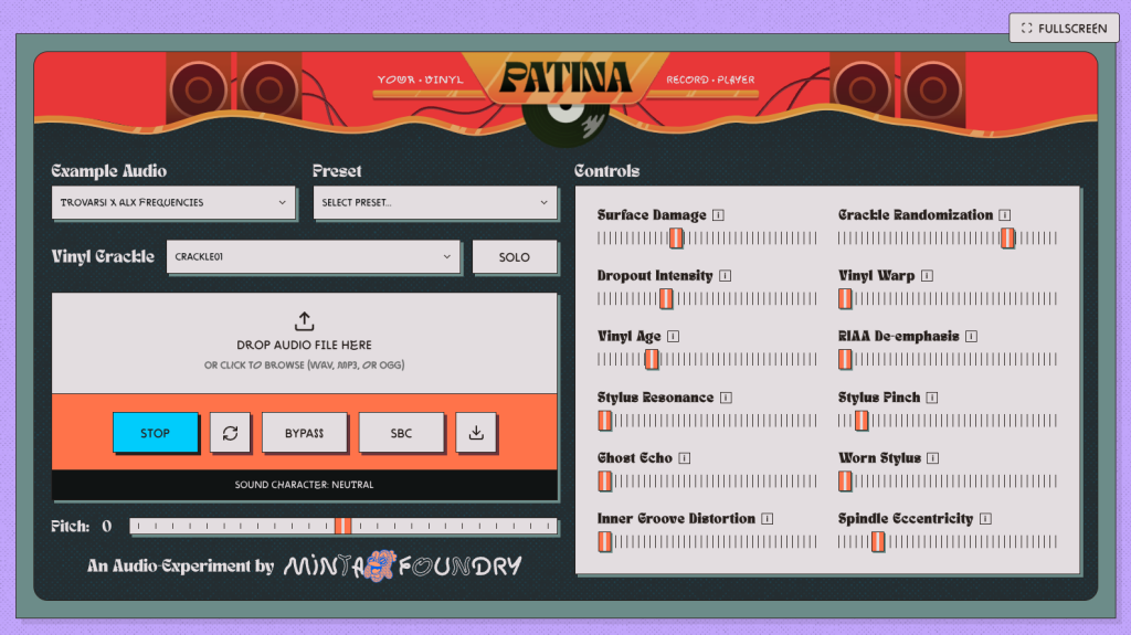 Patina web interface, showing drag-and-drop upload area, vinyl crackle settings, and controls for modeling techniques, plus pitch controls and download