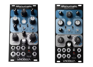 Knobula Monumatic module at angle and front-on view, with mode selectors for oscillator, filter controls, envelope controls, and CV and MIDI (MPE) inputs.