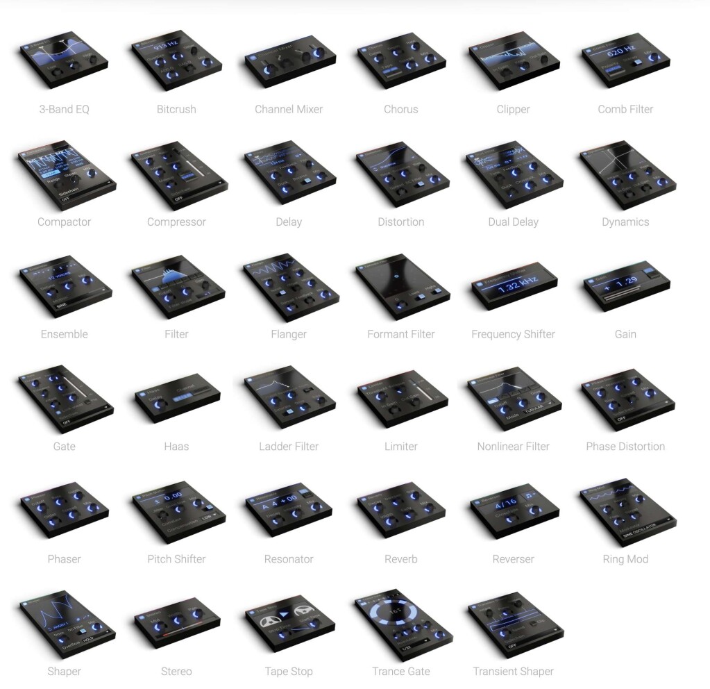 Freebies, shown as 3/4 3D renders with blue-and-black UIs:

3-Band EQ
Sidechain
OFE
Compactor
Ensemble
OFE
Gate
Phaser
O ANGRES
Overflow HOLD!
Shaper
913 Hz.
Bitcrush
OFE
Compressor
Filter
Haas
0.00
Correinte
Compensation
LON *
Pitch Shifter
Stereo
Channel Mixer
Delay
AIN
Flanger
Ladder Filter
+ 00
Resonator
Tape Stop
Chorus
Distortion
Formant Filter
Limiter
Reverb
NIe?
Trance Gate
Clipper
Dual Delay
Frequer
1.32 KHZ
Frequency Shifter
TUBULAR
Mode
Nonlinear Filter
4/16
Reverser
OFE
Transient Shaper
620 Hz
Comb Filter
Dynamics
1.29
Gain
OFE
Phase Distortion
SINE OSCILLATOR
Ring Mod