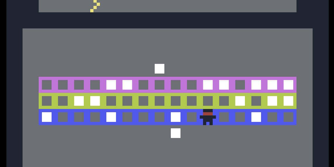 A drum machine as a stick figure navigating a colored, pixellated grid with three rows.