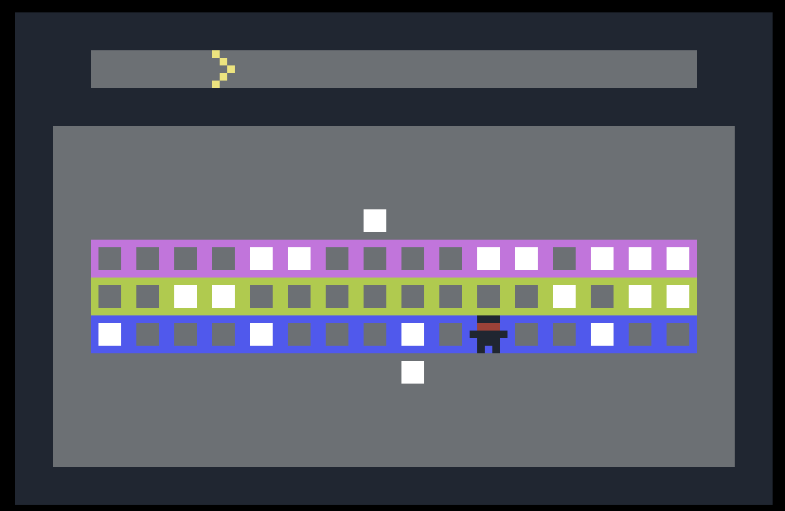 A drum machine as a stick figure navigating a colored, pixellated grid with three rows.