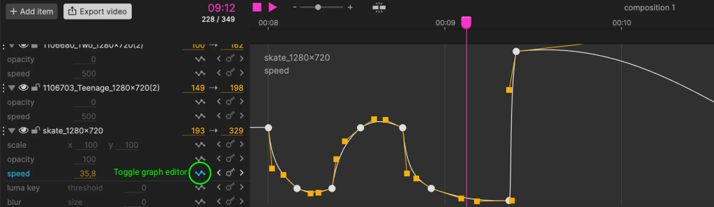 Graph Editor from Pikimov web interface, showing splines/curves and points and inspector properties. Grab a keyframe (white dots) to edit its value or move it over time / grab handles (orange squares) to edit the curve between keyframes/