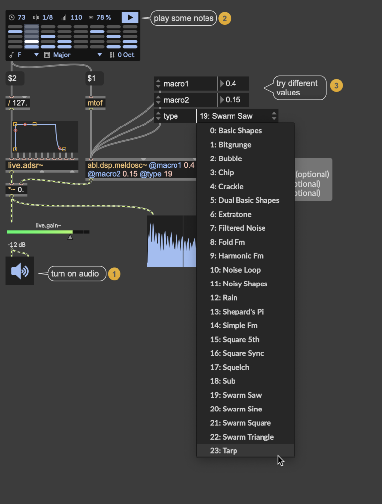 0: Basic Shapes
1: Bitgrunge
2: Bubble
3: Chip
4: Crackle
5: Dual Basic Shapes
6: Extratone
7: Filtered Noise
8: Fold Fm
9: Harmonic Fm
10: Noise Loop
11: Noisy Shapes
12: Rain
13: Shepard's Pi
14: Simple Fm
15: Square 5th
16: Square Sync
17: Squelch
18: Sub
19: Swarm Saw
20: Swarm Sine
21: Swarm Square
22: Swarm Triangle