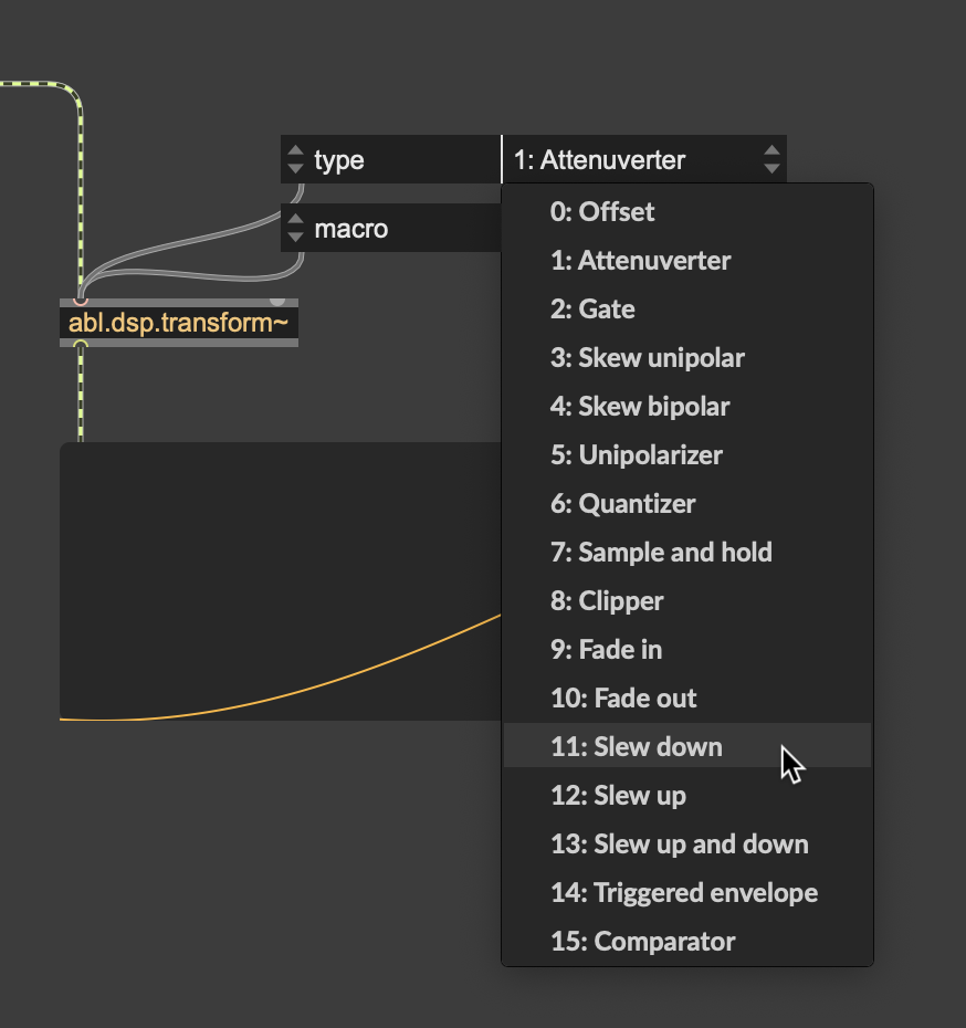 0: Offset
1: Attenuverter
2: Gate
3: Skew unipolar
4: Skew bipolar
5: Unipolarizer
6: Quantizer
7: Sample and hold
8: Clipper
9: Fade in
10: Fade out
11: Slew down
12: Slew up
13: Slew up and down
14: Triggered envelope
15: Comparator