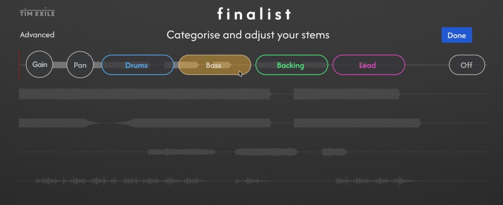 Categorize and adjust your stems: select Drums, Bass, Backing, Lead.