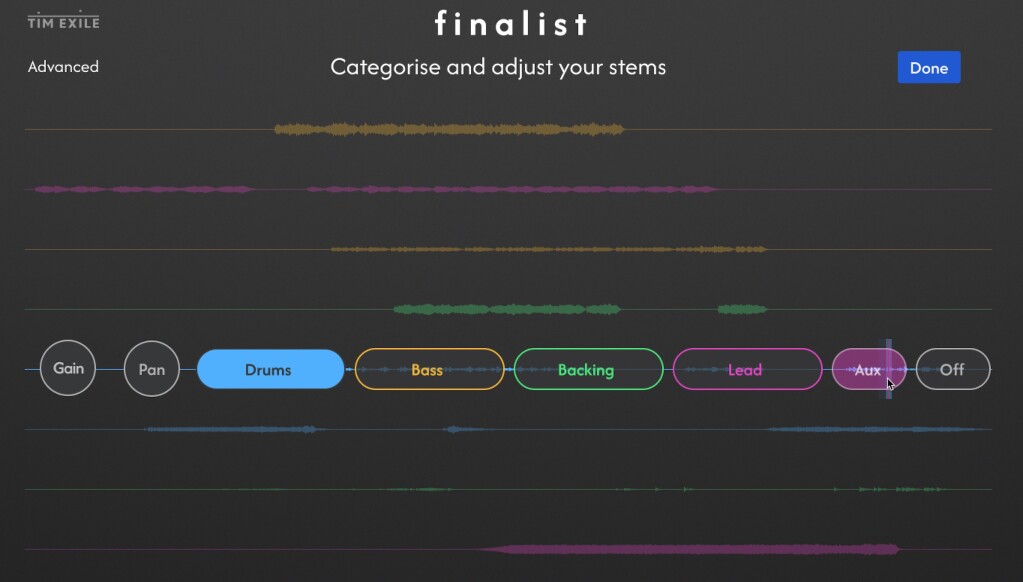 Color-coded waveforms, Drums Bass, Backing, Lead, and Aux option.