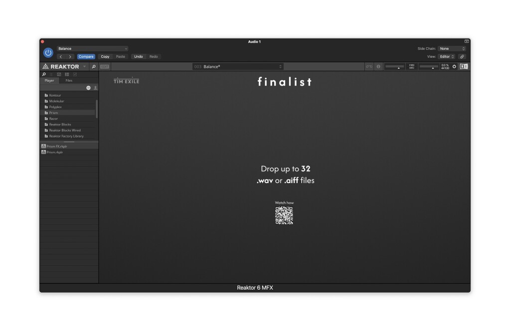 Drop up to 32 wav or aiff files - drop field in Finalist, inside Reaktor window