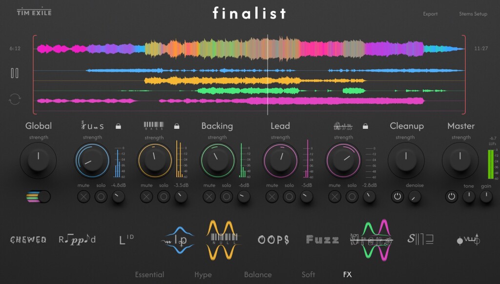 Colorful waveform view of Finalist, with knobs for each part, multi-band meters, rainbow-hued waveforms, and presets displayed at bottom, with different presets locked to different parts (bass, drum, backing, etc.)