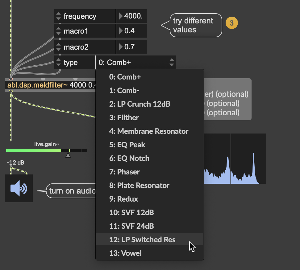 0: Comb+
1: Comb-
2: LP Crunch 12dB
3: Filther
4: Membrane Resonator
5: EQ Peak
6: EQ Notch
7: Phaser
8: Plate Resonator
9: Redux
10: SVF 12dB
11: SVF 24dB
12: LP Switched Res
13: Vowel