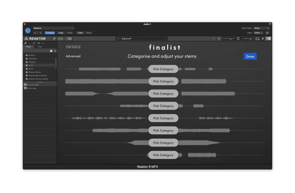 List of stems with waveforms, Pick Category pop-up on each.