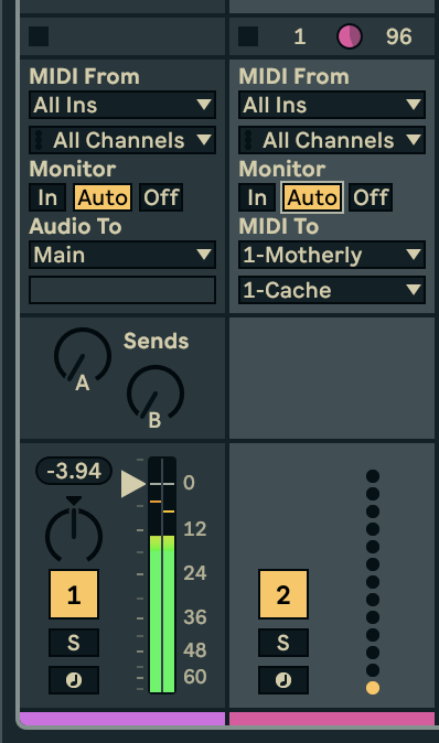 Fader view in Live. Audio track with Cache, left; MIDI track set to MIDI To: Motherly, dropdown below that, Cache.