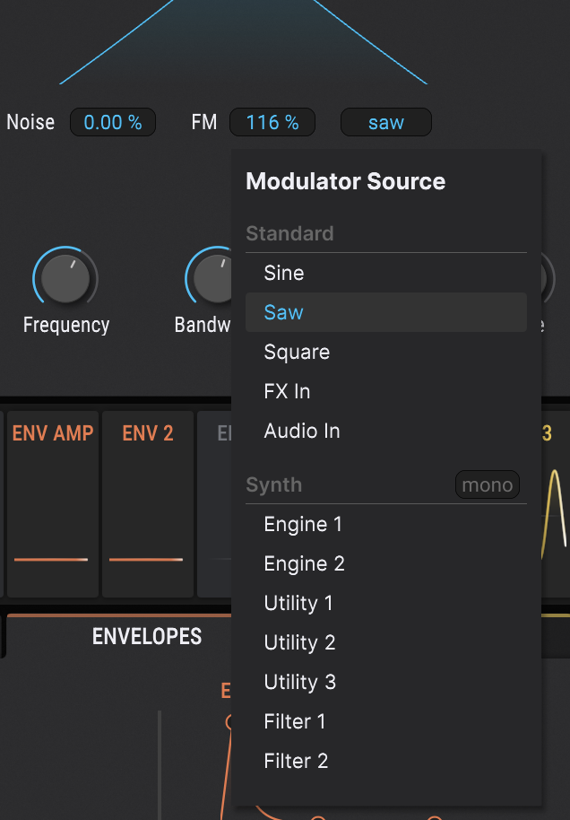 Modulator Source options: Sine, Saw, Square, FX In, Audio In, and Synth Engine 1+2, Utility 1+2+3, Filter 1+2.