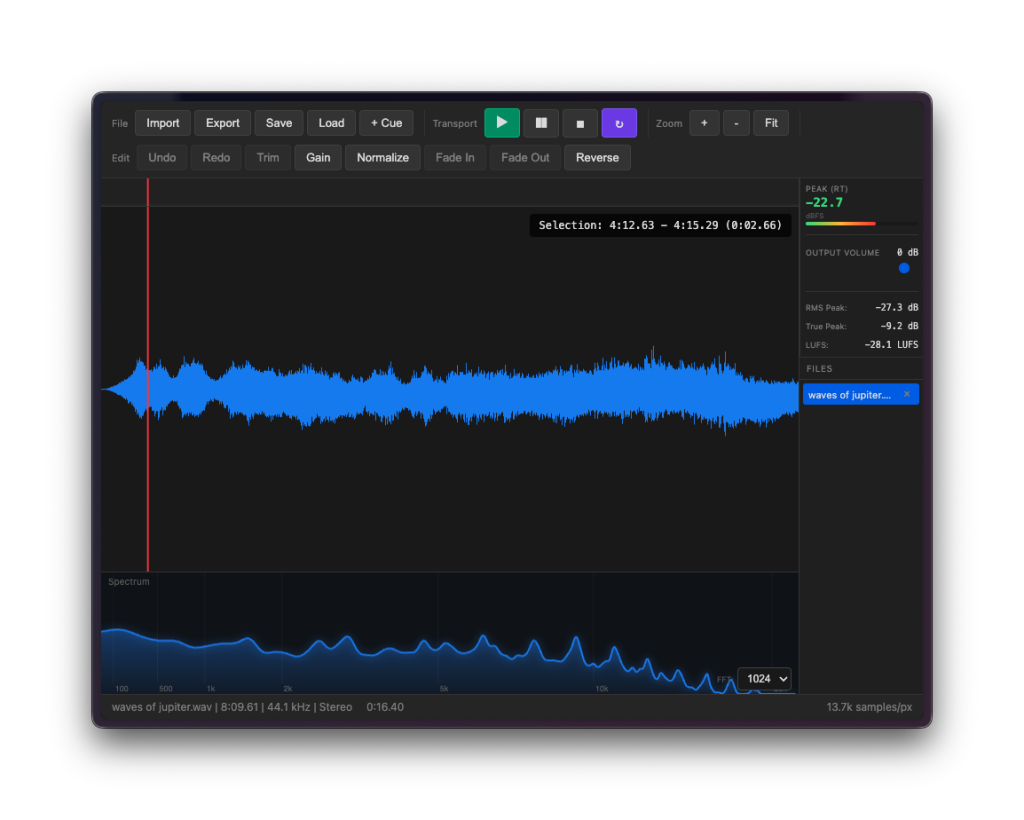 Simple Audio Editor showing waveform view, glowing spectrum view, meters with LUFS and peak measurements, color-coded, and import, export, save, load, cue, transport, zoom, undo, redo, trim, gain, normalize, fade, and reverse controls.