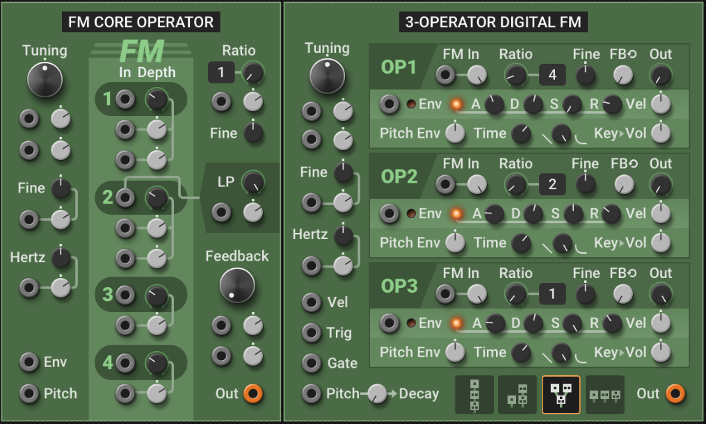FM Core Operator on the left, compared to 3-operator digital FM on the right -- the latter with three operators with their own ratio, evelope, pitch envelope, and other controls; the former with dedicated inputs.