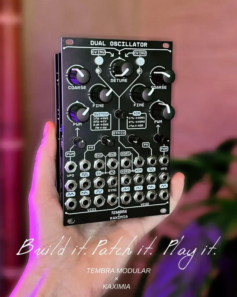 Dual oscillator, with "built it patch it play it" slogan," pitch, pwm knobs, switch and xor instruction silkscreen, and a ton o' jacks.