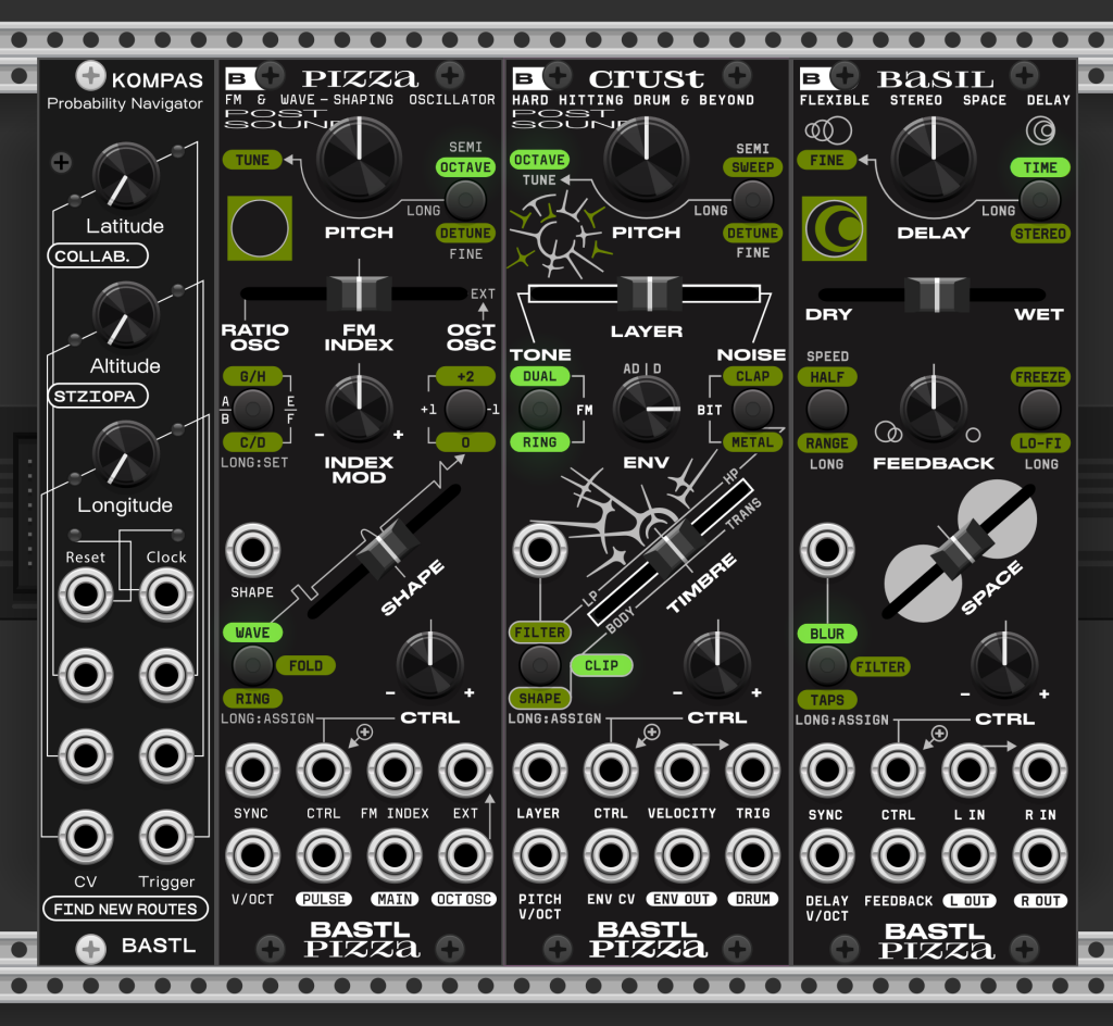 Free Bastl Instruments modules: KOMPAS probability navigator, PIZZA FM & wave-shaping oscillator, CRUST "hard-hitting drum & beyond), and BASIL "flexible stereo space delay), running in VCV Rack with big diagonal shape, timbre, and space knobs, FM index, layer, and wet/dry controls.
